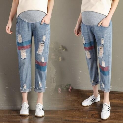 Pregnant women denim casual holes jeans women loose thin feet pants autumn and winter new cropped harem pants