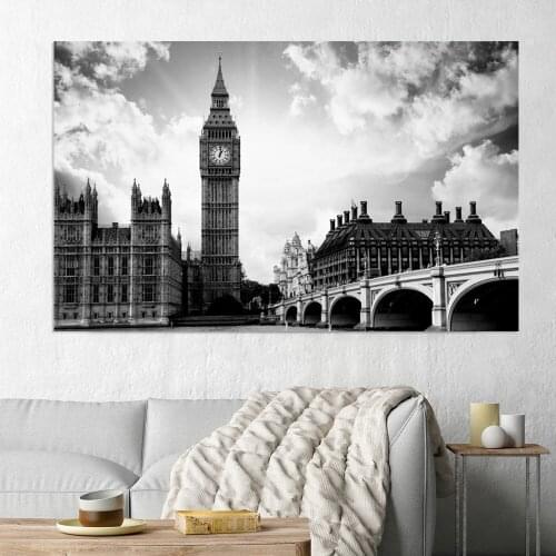 Black and White Big Ben Oil Painting on Canvas Poster Print Wall Art Abstract building Pictures for Living Room Home Decor