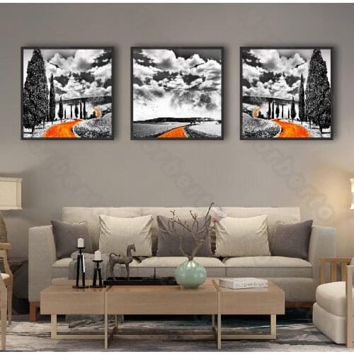 Retro Black and White Landscape Poster Natural Scenery Cloud Golden Road Canvas Painting Nordic Wall Art Picture Home Decoration