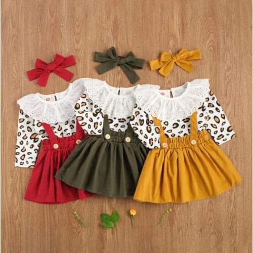 Fashion Baby Girl Clothes Set Kids Infant Long Sleeve Leopard Printed Lace Crew Romper Strap Skirt Children Clothing
