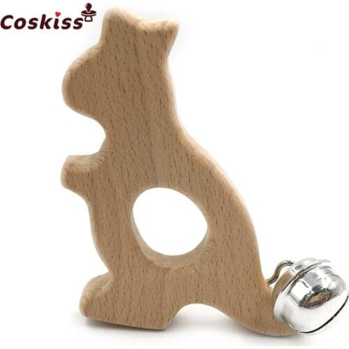 Baby Teether Bells Beech Wooden Kangaroo Natural Handmade Wooden Teether DIY Eco-Friendly Safe Newborns Enlightenment Toys