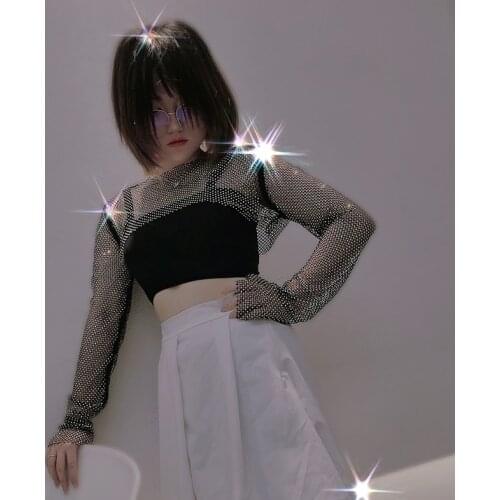 H80&S90 New Women Sexy & Club See Through Fishnet Crop Tops Diamond Elatic Long Sleeve Hollow Out Mesh Crop Tee Clubwear Shirt