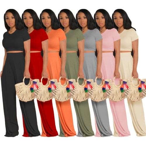 2021 Women Casual two piece set Crop Top High Waist Solid Straight Pant Female Elastic Sport Trousers Fitness Clothes