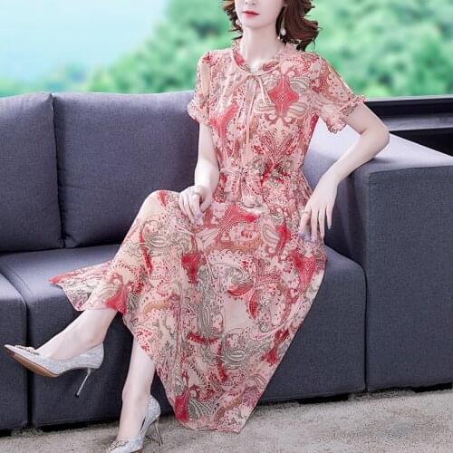 Red Boho Floral Chiffon Beach Midi Dress 2021 Summer New Vintage 3XL Plus Size Print Dress Women Elegant Bodycon Party Vestidos