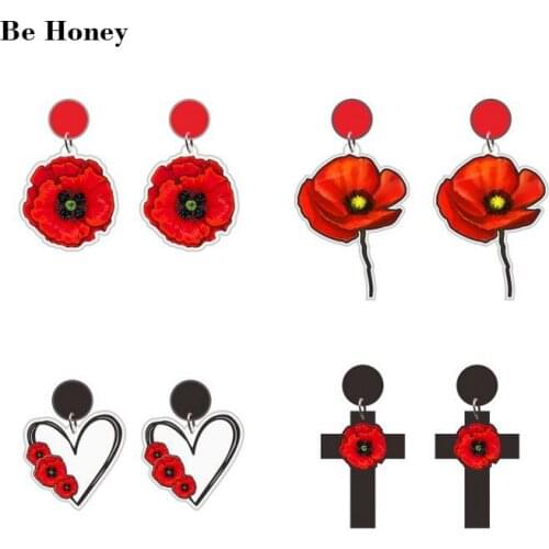 Red Poppy Flower Black Cross Heart Shape Circle With Flowers Acrylic Stud Earrings Romantic Poppies Bouquet Brooch Jewelry Gifts