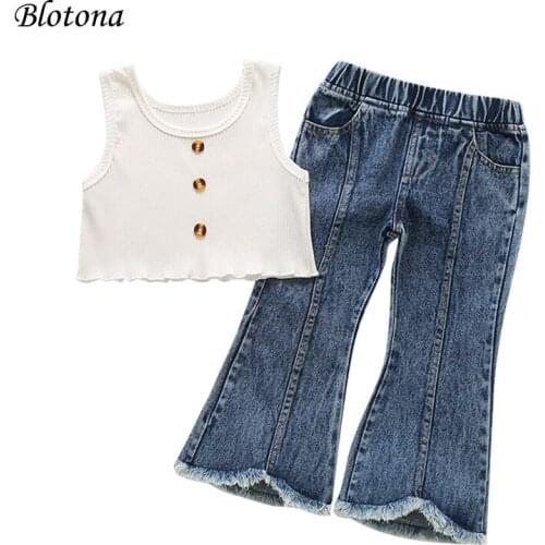 Blotona 2Pcs Toddler Summer Outfits, Baby Girl Solid Color O-Neck Button Tank Top+Frayed Hem Pocket Flared Jeans 18Months-6Years