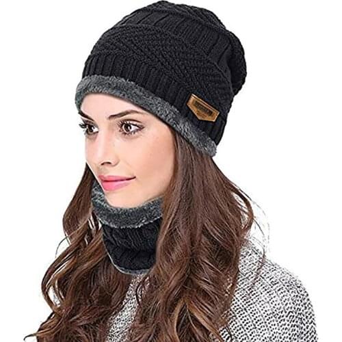 Neck Warmer Knitted Hat Scarf Set Fur Wool Lining Thick Warm Knit Beanies Balaclava Winter Hat Men Cap Casual Set