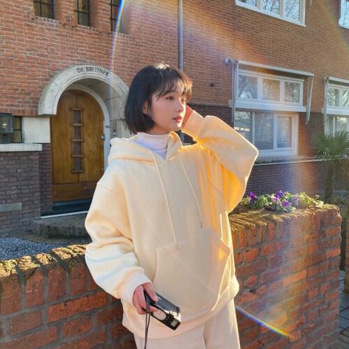 Deeptown Korean Fashion Sweatshirt Women Winter 2020 Warm Plus Velvet Tops Long Sleeve Loose Casual Pullover Solid Hoodies Women
