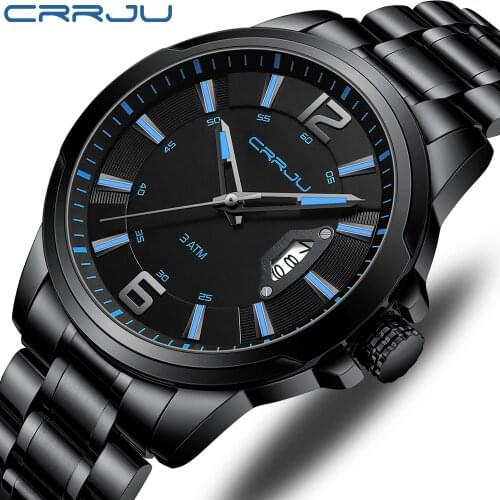 Mens Watches CRRJU Luxury Stainless Steel Business Man Watch Classic Calendar Waterproof Quartz Watch for Men Relogio Masculino