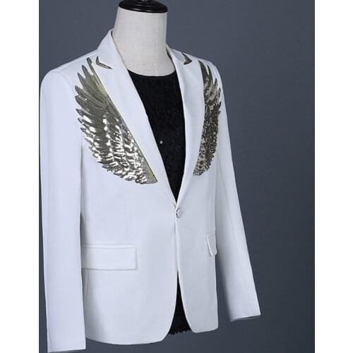 Mens Sequin Wing Embroidery Suit Jacket Notch Lapel Tailored Fit Blazer Top Coat Showman Performance Costume 903-B370