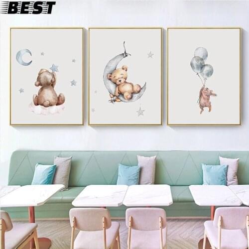Child Poster Baby Nursery Wall Art Print Bear Bunny Cartoon Animal Canvas Painting Pictures Nordic Kids Bedroom Decoration