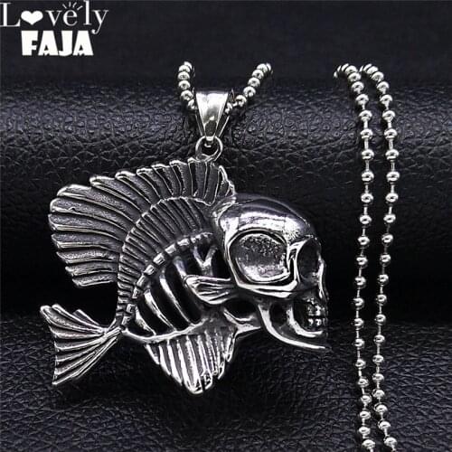 Punk Skull Fish Stainless Steel Chain Necklace Men Silver Color Big Necklace Jewelry collier homme acier inoxydable NXS03
