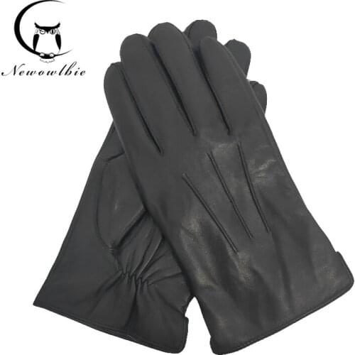 New style mens leather gloves warm soft sheepskin gloves black three thread design mens mittens coral fleece lining