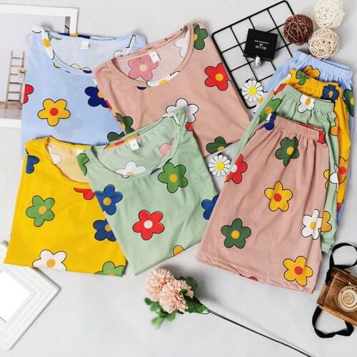 Wholesale Summer Cute Print Pajama Sets for Women Thin Polyester Sleepwear Girl Short Sleeve Loose Lingerie Two Piece Set M- 2XL