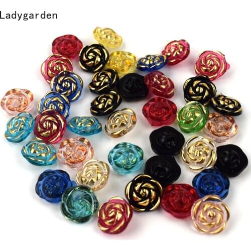 50pcs 13mm Mixed Gold Edge Transparent Rose Flower Resin Acrylic Buttons for Decoration Handmade Craft Sewing Accessories