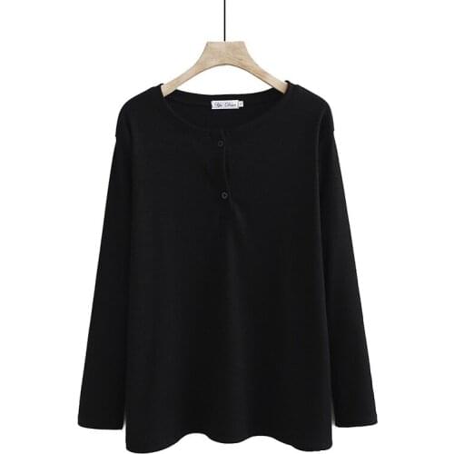 Plus Size Womens Long Sleeved Solid Tops Casual Simple Female T-shirts Large Size Black Grey Shirts