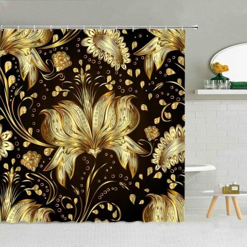 3D Luxury Golden Geometric Flower Shower Curtain Summer Flowers Bathroom Decor Accessories Waterproof Fabric Hooks Curtains Set