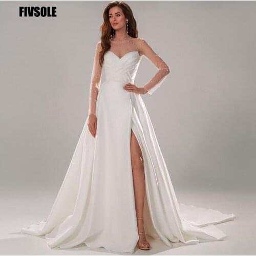Fivsole Luxury Pearls High Neck Boho Wedding Dress 2021 Modern Bridal Dress Leg Split Long Sleeves Tulle Wedding Gowns Plus Size