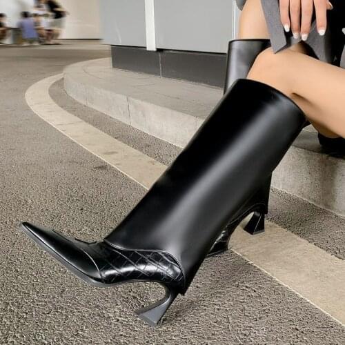 New Black Patent Leather Knee-High Boots Women Sexy Rhinestone Fringed Pointed Toe High Heels Shoes Women Winter Botas de mujer