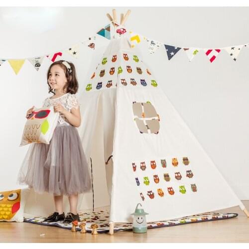 Lovely cartoon teepee kid play tent cotton canvas kids teepee white playhouse fabric children bed tent indoor