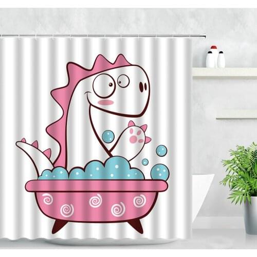 Cartoon Dinosaur Shower Curtain Set Pink Bathtub Cute Animal Children Bathroom Decor Waterproof Fabric With Hooks Curtains Gift