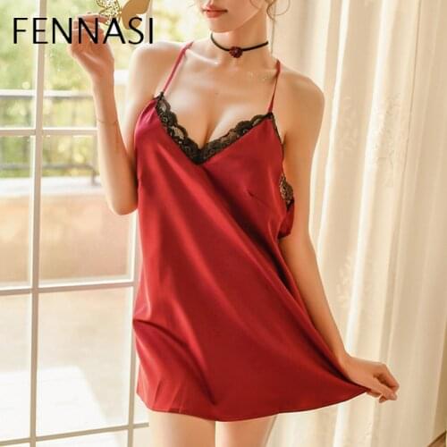 FENNASI Women Sleepwear Soft Silky Nightdress Backless Lace Strap Night Dress Sexy Lingerie Deep V Suspenders