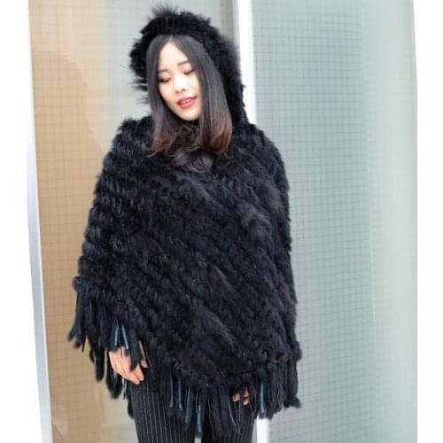 CX-B-89 Latest Fashion Deshign Ladies Hooded Hand Knitted Genuine Rabbit Fur Fringed Pullover Shawl