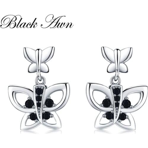 [BLACK AWN] Cute Natural Butterfly 925 Sterling Silver Jewelry Drop Earrings for Women Boucle D'oreille I117