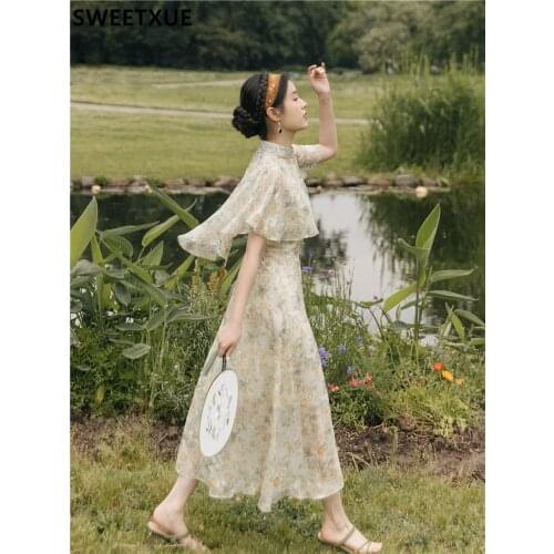 SWEETXUE Women Summer French Retro Floral Embroidery Cheongsam Modern Improved Chinese Style Temperament Vestidos Robe Femme