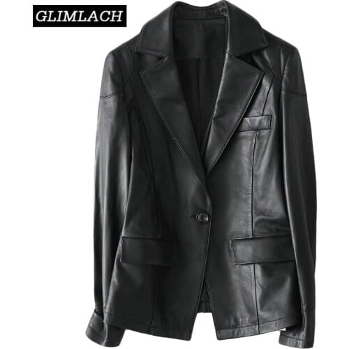 Office Lady Long Sleeve Genuine Leather Blazer Jacket Lapel Soft 100% Sheepskin Slim Real Leather Suit Coat Women Casual Clothes