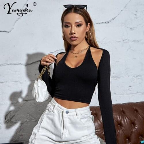 Sexy Black halter summer corset crop top women vintage clothes tank top clubwear party outfits long sleeve cropped womens tops