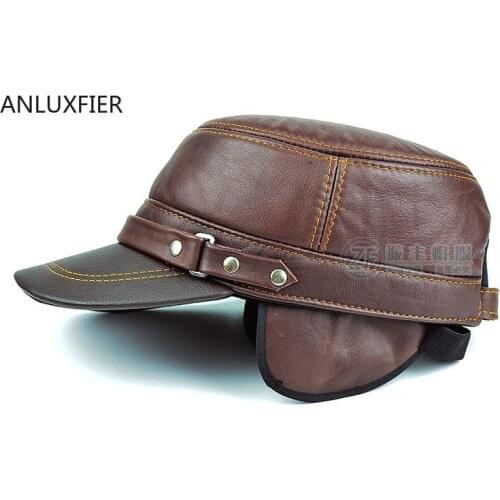B-8587 Adult Genuine Leather Hat Mens Baseball Cap Male Cowhide Outdoor Warm Leather Hat Elder Earprotection Leather Cap