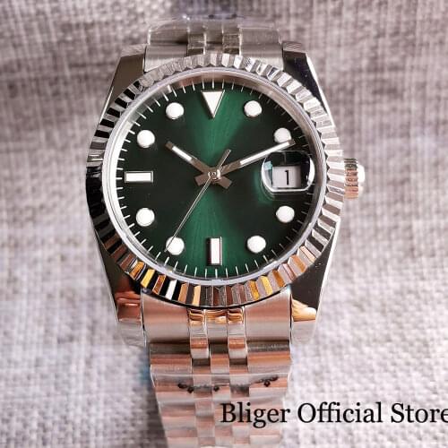 BLIGER Sterile 36mm Steel NH35A Sunbusrt Green Dial Men Watch Sapphire Crystal Fluted Bezel Automatic Wristwatch Jubilee