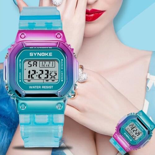 Colorful Luxury Women Digital Watch, Multifunction Waterproof Sport Watches Rectangle Dial Transparent Strap Female Wristwatch