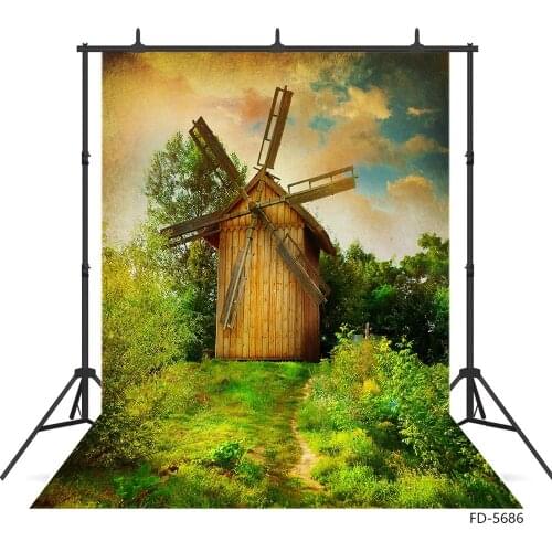 Wooden Windmill Plant Grassland Photo Background Vinyl Cloth Backdrop Photography Props for Baby Children Portrait Photobooth
