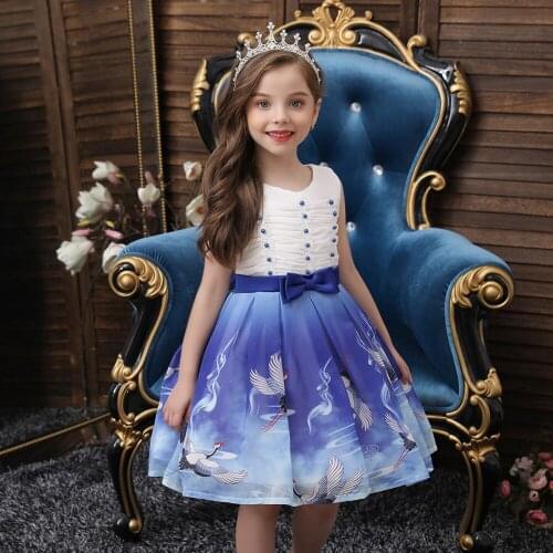 Summer hot sale Chinese style childrens crane print girl princess dress girl slim dress student catwalk dress