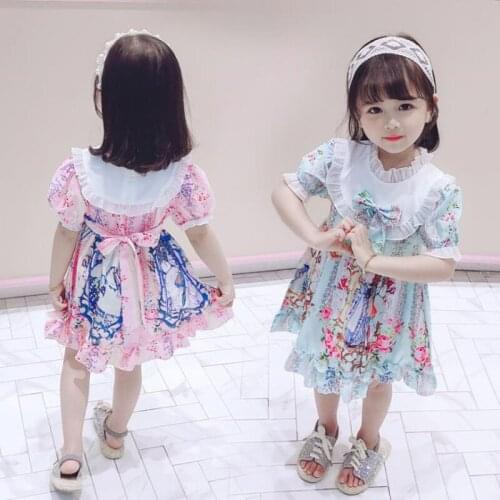 DFXD New 2020 Korean Toddler Girls Summer Dress Puff Sleeve Lace Print Bow Party Dress Princess Costume 1-5T Children Dress