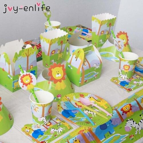 Safari Party Tableware Set Birthday Party Decoration Kids Plate Cups Hats Tablecloth Straw Animal Jungle Birthday Decor Supplies