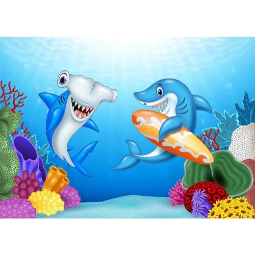 Undersea World Cartoon Shark Photo Backdrops Custom Photography Background for Baby Shower Children Birthday Party Photophone