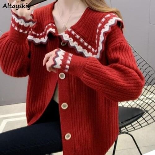Cardigan Women S-4XL Knitting Loose Spring Peter Pan Collar Button BF Casual Solid Large Size All-match Sweaters Retro Chandails
