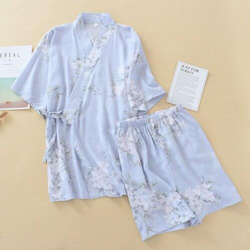 Japanese-style Kimono Short-sleeved Shorts Summer Ladies Pajamas Suit Cotton Home Service Suit Pajamas Women Blue Pajamas Suit