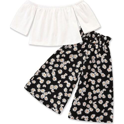 Summer Girl Set White T-shirt + Daisy Print Wide Leg Pants Suits for Kids Girls Clothing