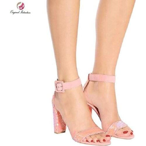Fashion Sandals Bling Wedding Square heels Buckle Strap Ankle Strap Sequined Cloth Synthetic Heel Height 12-14cm Size 35-45
