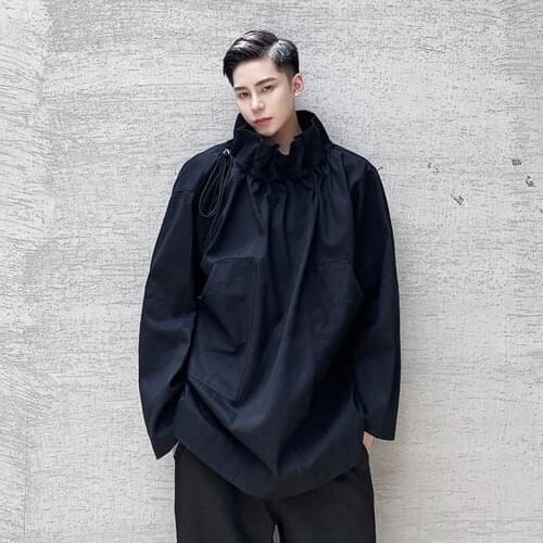 Mens Fashion Design High Collar Long Sleeve Loose Sweatshirt Youth Party Chic Tops Hoodie Black