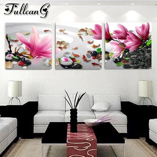 FULLCANG diy diamond embroidery pink orchid stones triptych painting full square round drill 5d mosaic pattern kit decor FC2495