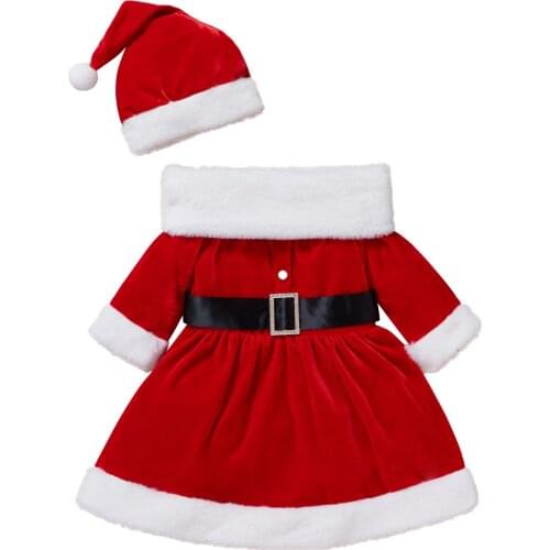 2021 Newest Lovely Girls Christmas Flannel Clothes Set, Contrast Color Long Sleeve Square Collar Dress+Hat with Ball+Scarf