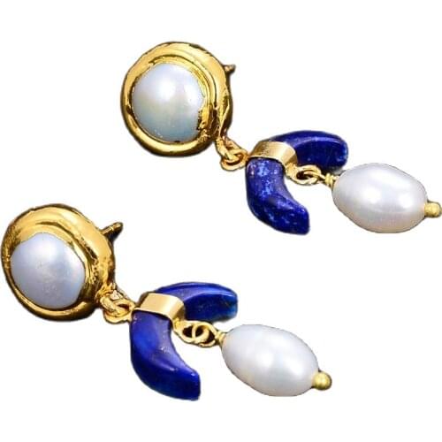 JK White Pearl Natural Blue Lapis Crescent Moon Stud Earrings