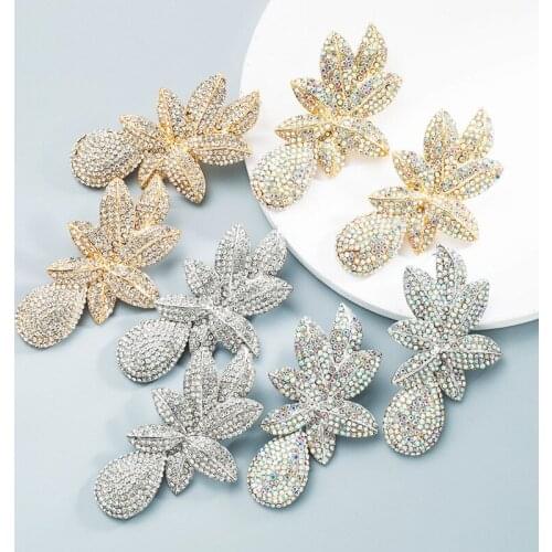 Golden exaggerated statement full rhinestone big leaf flower water drop design dangle drop earrings for women girl wedding gift