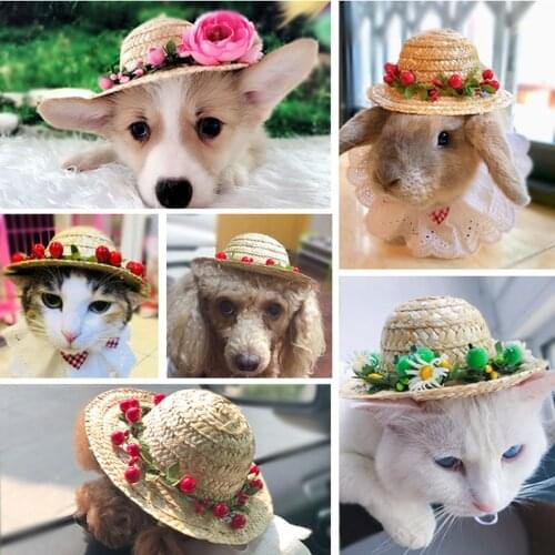 1PCS Pet Straw Hat Flower Berry Cute Dog Straw Hat Cat Hat with Adjustable Chin Strap Summer Dog Straw Sun Hat Cap