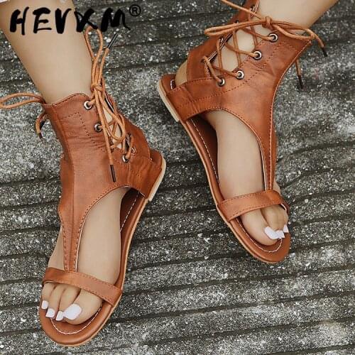 2021 Vintage Sandals Womens Leather Flat Sandals Women Beach Shoes Plus Size 43 Summer Fashion Brown Cross Strap Female Shoes